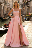 Sparkly Pink Beaded Thick Straps A Line Long Corset Prom Dress with Slit