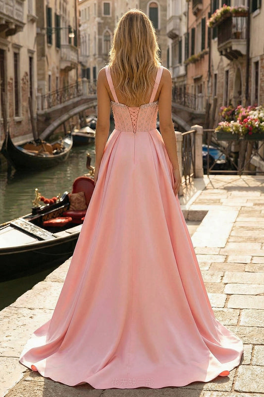 Sparkly Pink Beaded Thick Straps A Line Long Corset Prom Dress with Slit