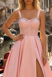 Sparkly Pink Beaded Thick Straps A Line Long Corset Prom Dress with Slit