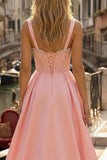 Sparkly Pink Beaded Thick Straps A Line Long Corset Prom Dress with Slit