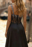 Sparkly Black Beaded Thick Straps Sheath Long Corset Prom Dress