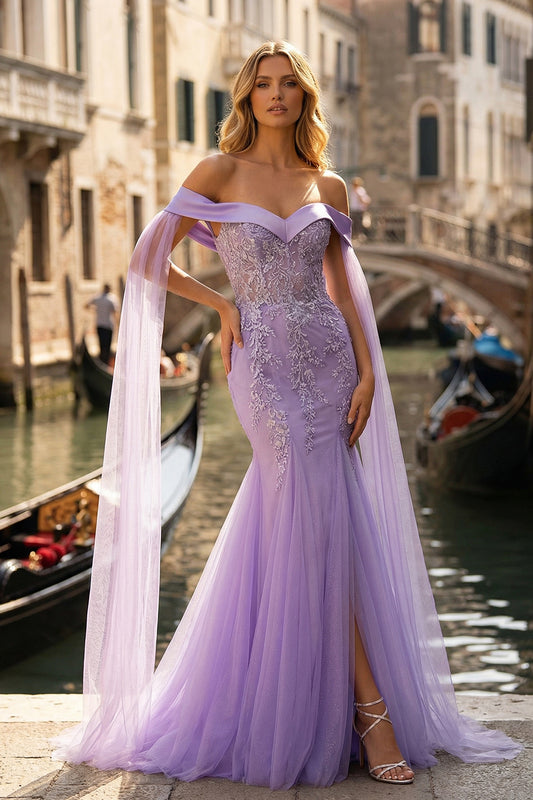 Sparkly Lilac Tulle Off the Shoulder Appliqued Mermaid Long Prom Dress with Cape
