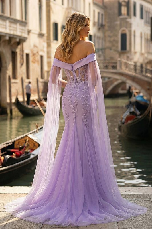 Sparkly Lilac Tulle Off the Shoulder Appliqued Mermaid Long Prom Dress with Cape