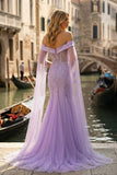 Sparkly Lilac Tulle Off the Shoulder Appliqued Mermaid Long Prom Dress with Cape