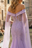 Sparkly Lilac Tulle Off the Shoulder Appliqued Mermaid Long Prom Dress with Cape