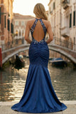 Navy Satin Halter Mermaid Long Floral Prom Dress with Slit