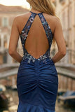 Navy Satin Halter Mermaid Long Floral Prom Dress with Slit
