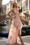 Sparkly Pink Halter Appliqued A Line High-Low Corset Prom Dress with Keyhole
