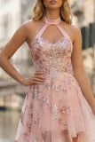 Sparkly Pink Halter Appliqued A Line High-Low Corset Prom Dress with Keyhole