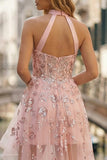 Sparkly Pink Halter Appliqued A Line High-Low Corset Prom Dress with Keyhole