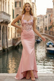 Pink Halter Neck Ruched Appliqued Mermaid Long Corset Prom Dress