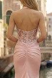 Pink Halter Neck Ruched Appliqued Mermaid Long Corset Prom Dress