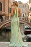 Sparkly Light Green Neck Scarf Appliqued Mermaid Long Corset Prom Dress with Slit