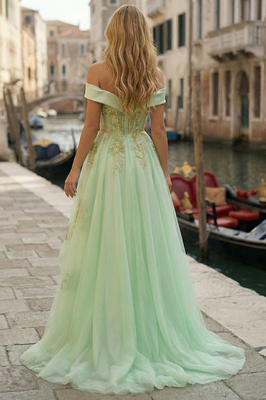Sparkly Light Green Tulle Off the Shoulder Appliqued High-Low Corset Prom Dress