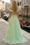 Sparkly Light Green Tulle Off the Shoulder Appliqued High-Low Corset Prom Dress
