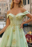 Sparkly Light Green Tulle Off the Shoulder Appliqued High-Low Corset Prom Dress
