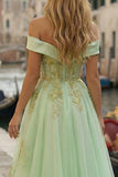 Sparkly Light Green Tulle Off the Shoulder Appliqued High-Low Corset Prom Dress