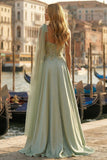 Sage Green Satin One Shoulder Appliqued High-Low Corset Prom Dress with Side Cape