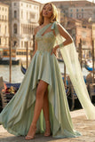 Sage Green Satin One Shoulder Appliqued High-Low Corset Prom Dress with Side Cape