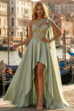 Sage Green Satin One Shoulder Appliqued High-Low Corset Prom Dress with Side Cape