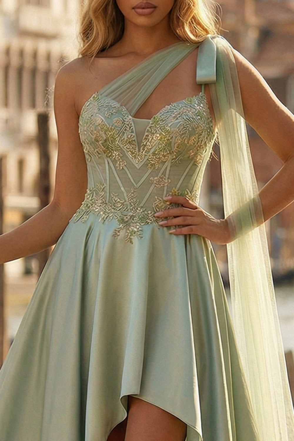 Zapakasa Women Sage Green Satin High-Low Corset Prom Dress with Side Cape One Shoulder Appliqued A Line Pageant Dress Zapakasa Women Sage Green Satin High-Low Corset Prom Dress with Side Cape One Shoulder Appliqued A Line Pageant Dress