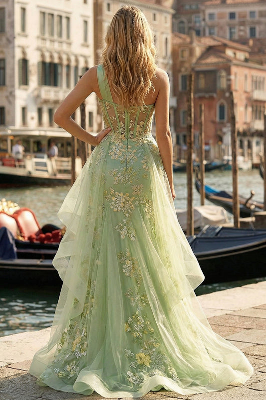 Light Green One Shoulder Ruffled Appliqued Mermaid High-Low Corset Prom Dress