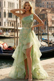 Light Green One Shoulder Ruffled Appliqued Mermaid High-Low Corset Prom Dress