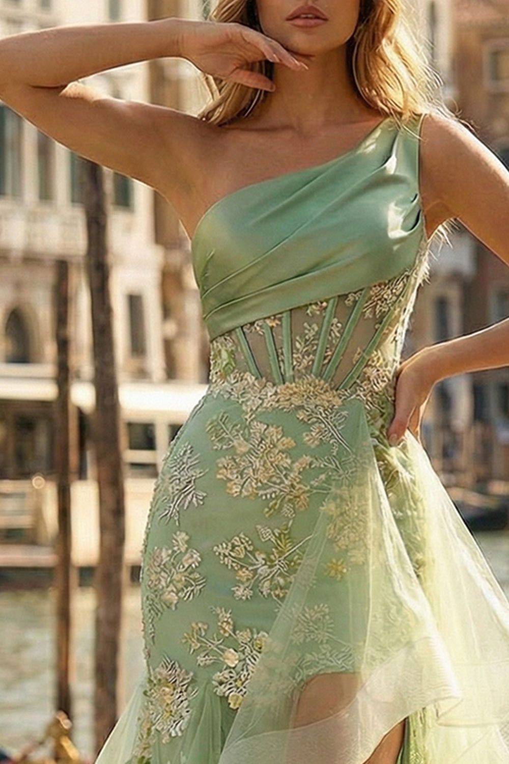 Light Green One Shoulder Ruffled Appliqued Mermaid High-Low Corset Prom Dress