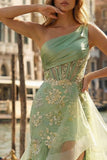 Light Green One Shoulder Ruffled Appliqued Mermaid High-Low Corset Prom Dress