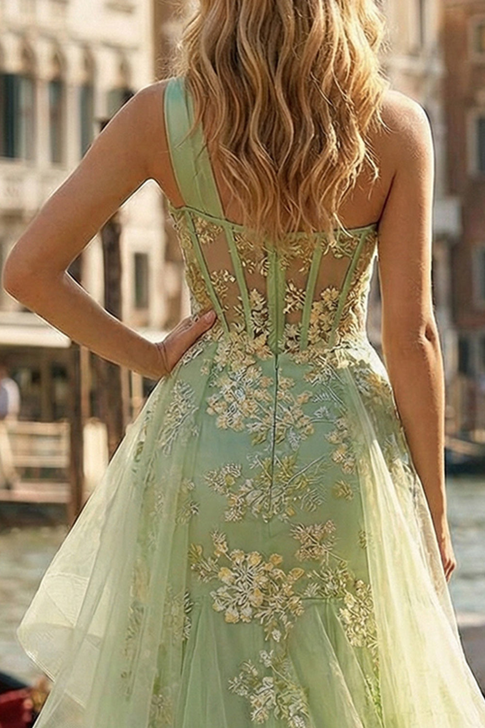 Light Green One Shoulder Ruffled Appliqued Mermaid High-Low Corset Prom Dress