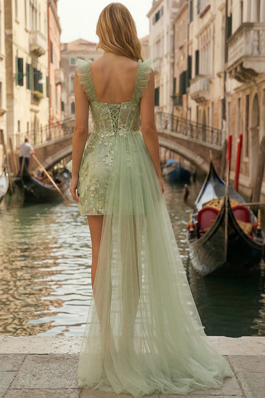 Sparkly Light Green Appliqued Thick Straps Ruffled A Line Short Prom Dress with Cape