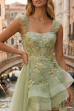 Sparkly Light Green Appliqued Thick Straps Ruffled A Line Short Prom Dress with Cape