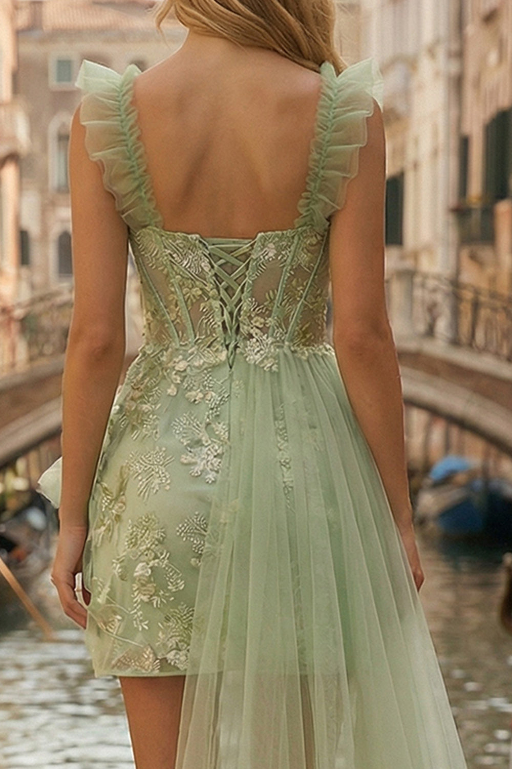 Sparkly Light Green Appliqued Thick Straps Ruffled A Line Short Prom Dress with Cape