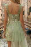 Sparkly Light Green Appliqued Thick Straps Ruffled A Line Short Prom Dress with Cape