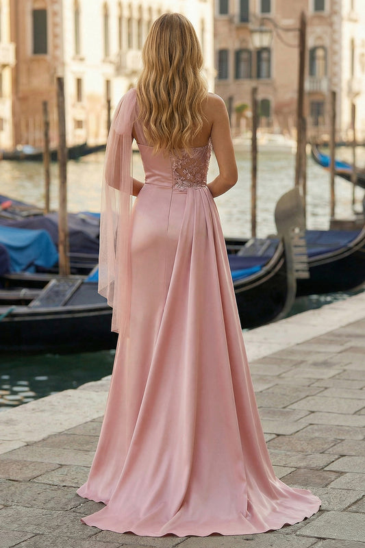 Pink One Shoulder Appliqued Ruched Long Prom Dress with Side Cape