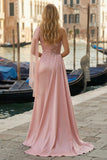 Pink One Shoulder Appliqued Ruched Long Prom Dress with Side Cape