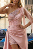 Pink One Shoulder Appliqued Ruched Long Prom Dress with Side Cape