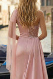 Pink One Shoulder Appliqued Ruched Long Prom Dress with Side Cape