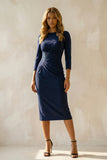 Navy Round Neck Ruched Midi Bodycon Work Dress with Sleeves