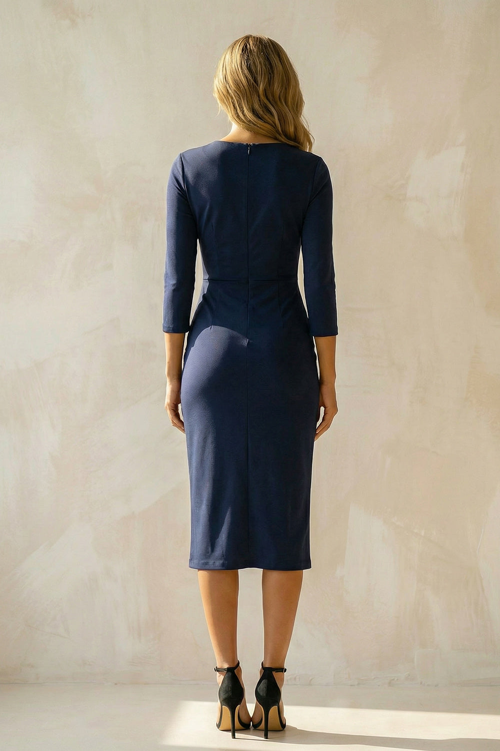 Navy Round Neck Ruched Midi Bodycon Work Dress with Sleeves