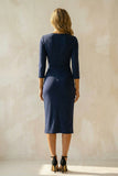 Navy Round Neck Ruched Midi Bodycon Work Dress with Sleeves