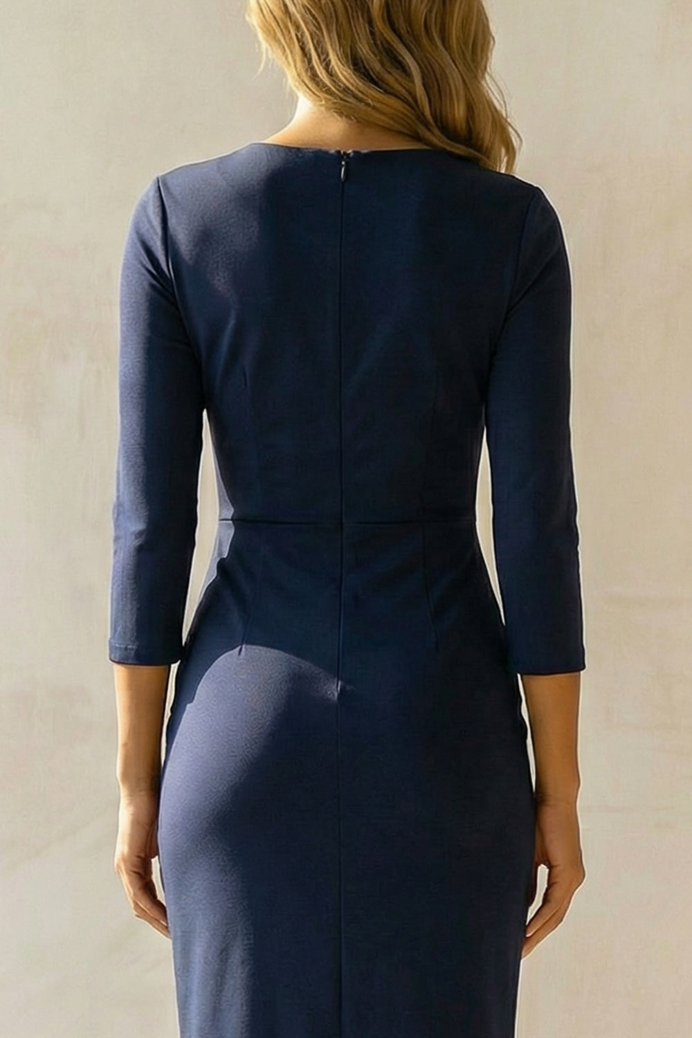 Zapakasa Women Navy Midi Bodycon Work Dress with Sleeves Round Neck Ruched Business Dress Zapakasa Women Navy Midi Bodycon Work Dress with Sleeves Round Neck Ruched Business Dress