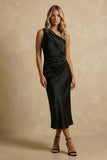 Black Satin Ruched One Shoulder Midi Bodycon Work Dress