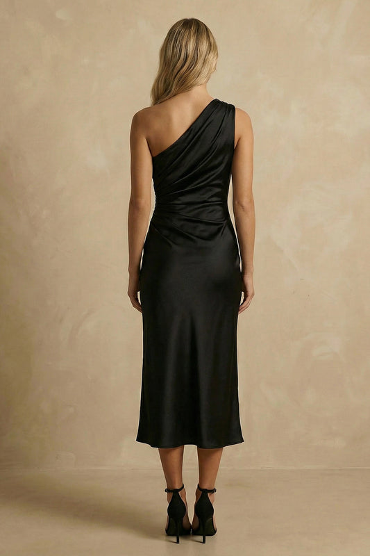 Black Satin Ruched One Shoulder Midi Bodycon Work Dress