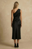 Black Satin Ruched One Shoulder Midi Bodycon Work Dress