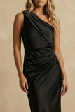 Black Satin Ruched One Shoulder Midi Bodycon Work Dress