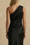 Black Satin Ruched One Shoulder Midi Bodycon Work Dress