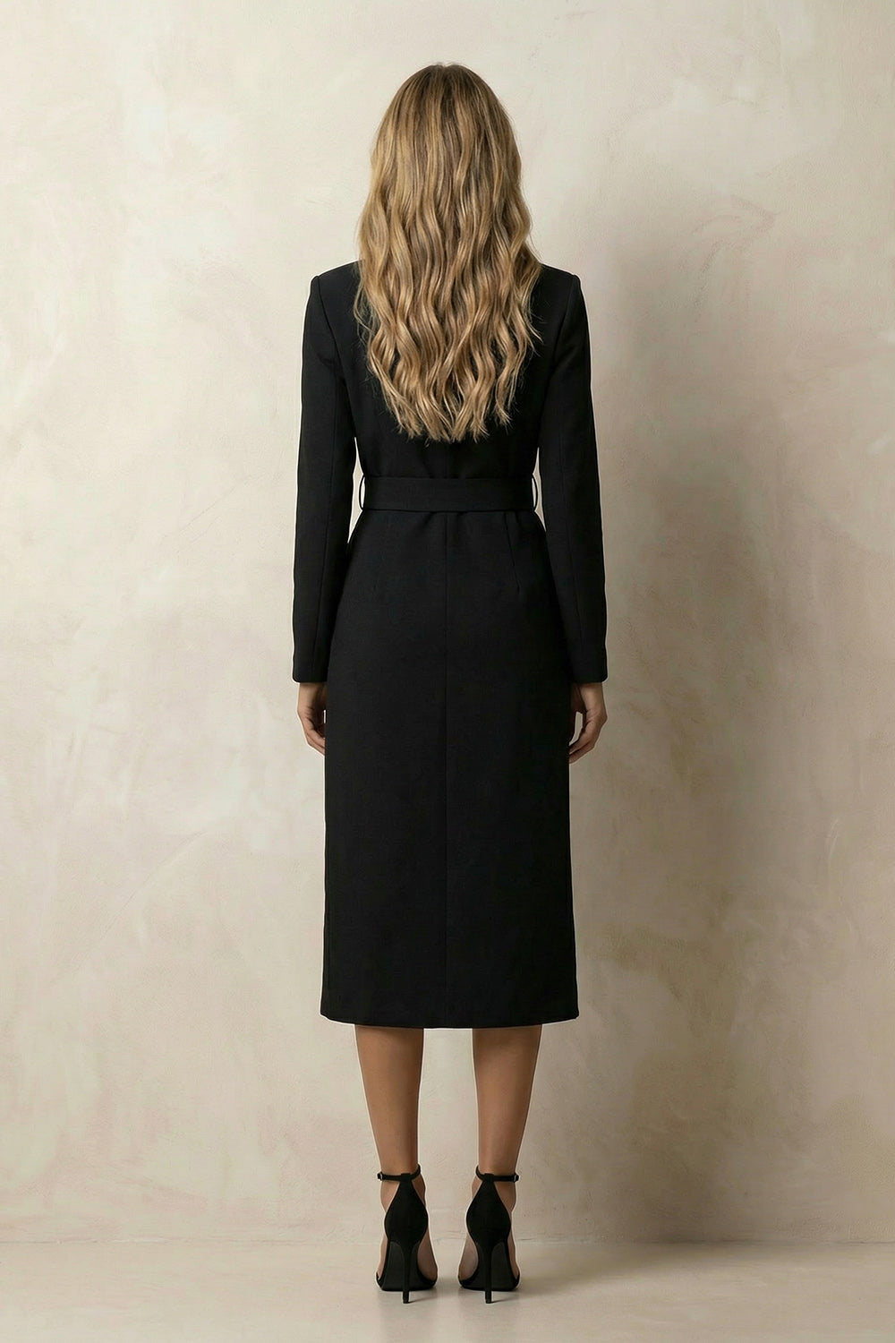 Black Peak Lapel Bodycon Midi Work Dress with Belt
