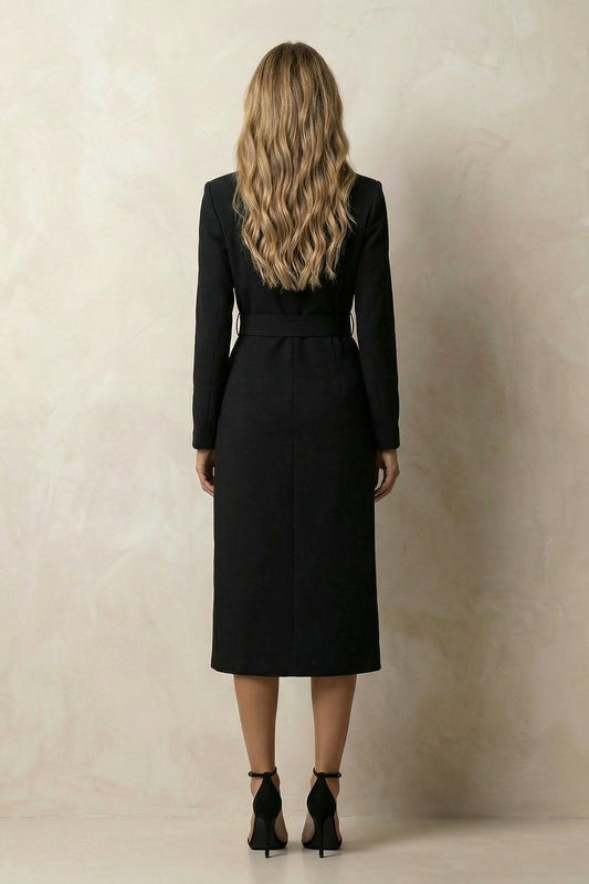 Black Peak Lapel Bodycon Midi Work Dress with Belt