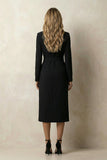 Black Peak Lapel Bodycon Midi Work Dress with Belt